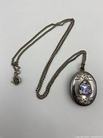 Full view of the silver chain necklace attached to the oval locket with emblem.