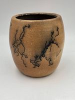 Photo of vintage studio pottery vase showing beige surface with distinct black organic line markings