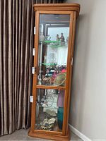 Full front view of the wood framed mirrored display cabinet with glass door and visible interior contents, showing 4 glass shelves inside.