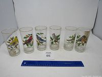 Six tall drinking glasses, each illustrated with a different bird species and gold rims, arranged in a row with a ruler for scale.