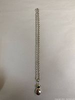 Full view of the silver chain necklace with pendant on a white background.