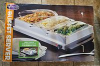 Photo of Nostalgia Electrics Buffet Server box showing image of warming tray with three food compartments and lids.