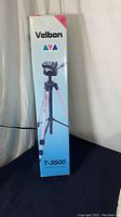 Front view of the Velbon T-3500 tripod box indicating the product and branding.