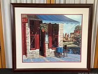 Framed Victor Shvaiko Greek Tavern art print showing overall scene with wood frame and matting.