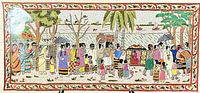 Full view of framed fabric art showing entire colorful procession scene with intricate border