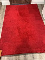 Full view of the rectangular red area rug on a wood floor, shows the overall color and condition.