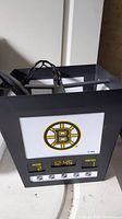 Front view of Boston Bruins scoreboard light fixture showing illuminated logo, digital time display, and home/visitor score indicators.