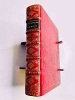 Red leather bound volume showing spine with gilt tooling, raised bands and dual leather strap closures