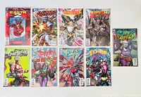 Single flat lay image showing 10 different lenticular cover comics in excellent condition, colorful superhero-themed covers, from various DC Comics series including Earth 2 and Deathstroke.