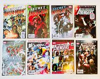 Top-down view of all 8 comic books arranged in two rows, showcasing cover art from Marvel's Secret Invasion and New Avengers 2008 series.