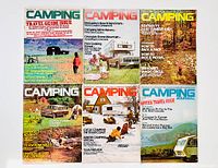 Collection of six vintage camping magazines from 1972-1973 showing various outdoor and camping related covers with vehicles, campers, and scenic views.