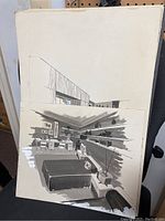 Image showing interior room drawing with bed, dresser, and window framed by angular ceiling.