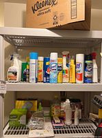 Shelf with aerosol sprays and liquid cleaning products including Lysol, Windex, 3M Dusting spray, and other bottles plus large Kleenex tissue box on top shelf
