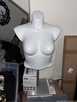 Photo of a white female bust form mannequin torso on a cluttered surface, with no head, arms or lower body, showing smooth contours and defined breasts.