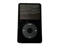 Front view of black 5th generation Apple iPod with click wheel and screen, showing device condition and design.