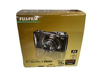 Original retail box for Fujifilm FinePix F550 EXR camera, showing gold colored box with camera image and key features