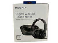 Front of box showing product name, image of headphones and docking station, 2.4 GHz frequency
