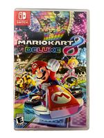 Front cover of the Mario Kart 8 Deluxe Nintendo Switch game case showing colorful characters and game logo.