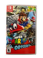 Front cover of the Super Mario Odyssey Nintendo Switch game case showing colorful and dynamic artwork of Mario and various game scenes.
