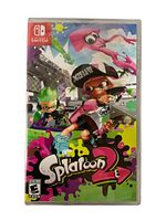 Front cover of unopened Splatoon 2 Nintendo Switch game showing official artwork and ESRB rating E10+. Clear plastic case visible.
