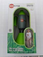 Front of box showing the Weed Blaster Pro sprayer inside package, green and gray sprayer with handle and cone base, labeled as eco-friendly sprayer.