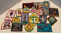 Overview image of 19 assorted Boy Scouts badges with various designs, colors, and labels from different camps and years.