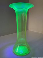 Uranium glass vase glowing bright green under UV light, showing its characteristic fluorescence.