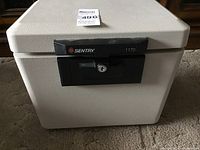 Front view of the Sentry Safe model 1170 showing the textured exterior, black key lock handle, and Sentry logo.