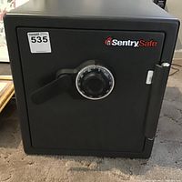 Front view of a black Sentry Safe with a combination dial and handle on the door.