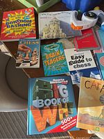 Overview of books and puzzles on chair and table including chess instructional books, kids brain teaser booklets, and activity books.