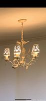 Chandelier hanging from ceiling, shows four glass shades and ornate metal arms