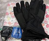 Photo showing black padded gloves alongside two blue rechargeable batteries and a black charger.