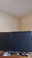 Photo showing the large black Panasonic plasma 3D TV with screen off, standing on black pedestal base.