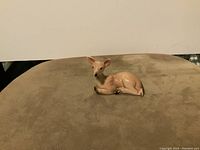 Porcelain deer figurine lying on a beige surface, showing front and side profile with detailed face and body contours.