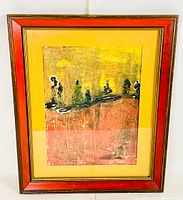 Full view of framed original oil painting showing abstract composition and frame detail.
