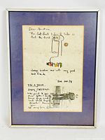 Framed mixed media artwork with visible handwritten text, abstract line illustration with colored elements, and map section beneath glass, showing foxing spots.
