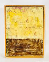 Full view of the abstract oil painting on canvas in original wood frame showing yellow and brown tones with textured brushwork.