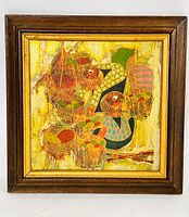 Full view of framed oil painting showing colorful baskets on yellow background