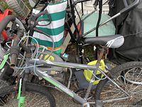 Photo showing the full side view of the Rallye mountain bike with gray and green frame, knobby tires, and rust on several metal parts.