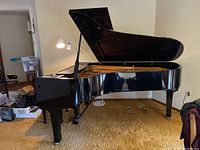 Full view of closed-lid grand piano showing body and legs