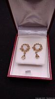 Pair of earrings displayed in red jewelry box, front view