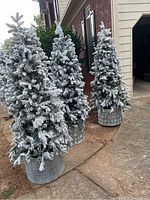 Three frosted, pre-lit artificial Christmas trees outside next to a brick house, each in decorative metal buckets.