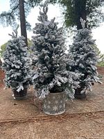 Set of three 4-foot tall pre-lit artificial Christmas trees with heavy white flocking on branches, each placed in decorative metal buckets with winter-themed designs, set outdoors on natural ground.
