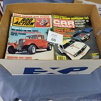 Box filled with multiple car magazines, first view showing Rod Action and Car Craft covers with vintage cars.