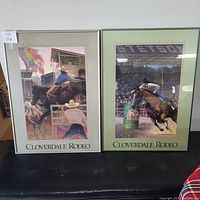 Two framed Cloverdale Rodeo posters leaning against wall, showing full view with cowboy rodeo scenes.