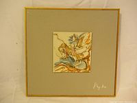 Overall view of framed watercolor painting signed by Kiyoko, showing mat and simple gold frame.