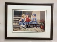 Framed limited edition print titled "Matter of Taste" by J. Healey featuring three young children on a porch eating ice cream; brown frame, white mat.