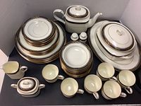 Full set including dinner, salad, bread and butter plates, cups and saucers, teapot, cream and sugar set, salt and pepper shakers, serving platter, and covered casserole dish.