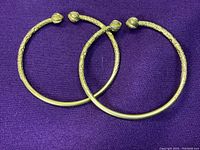 Pair of round gold-tone bangles on purple cloth showing overall appearance