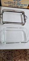 Photo showing the metal rack and the clear glass serving tray separately, with a box in the background showing pattern info